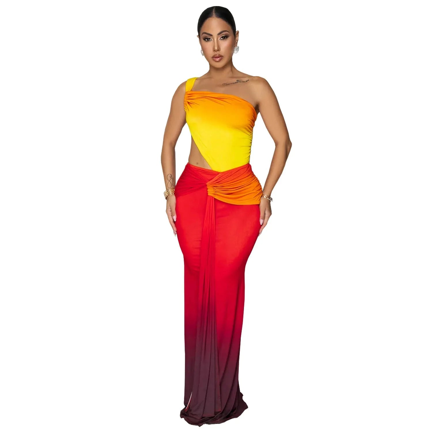 Women's cross-shoulder gradient dress with long skirt and high waist in brown colour option