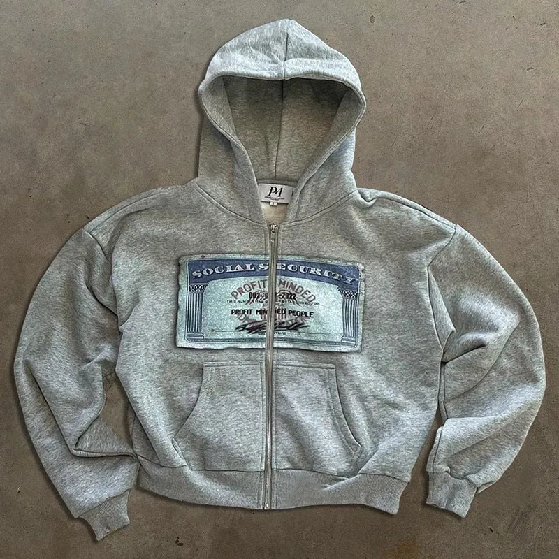Men's and women's loose-fit zip-up hoodie jacket with letter pattern and zipper pocket in black, grey, or pink