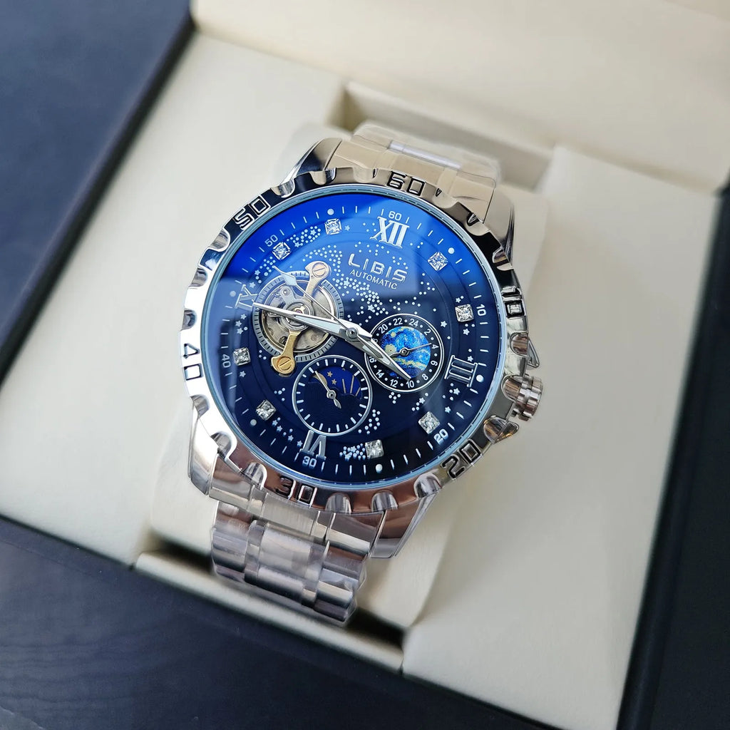 Men's silver case black dial automatic watch with luminous markers and genuine leather strap