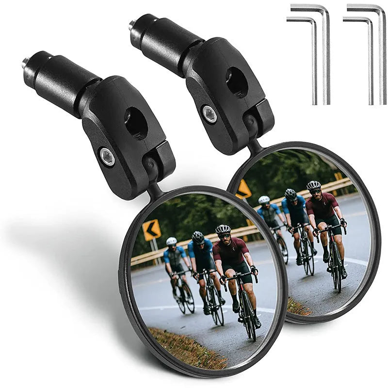 Foldable convex rearview mirror for bicycle handlebars, made of black ABS plastic.
