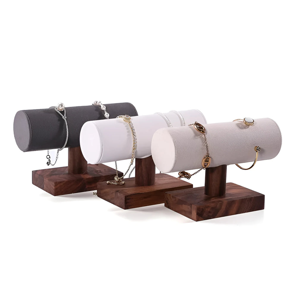 Solid wood antique style bracelet display stand with short cylinder inserts in choice of colours