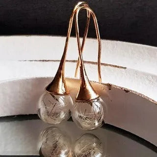 Transparent glass ball earrings with crystal dandelion pattern on French hooks, 16mm diameter