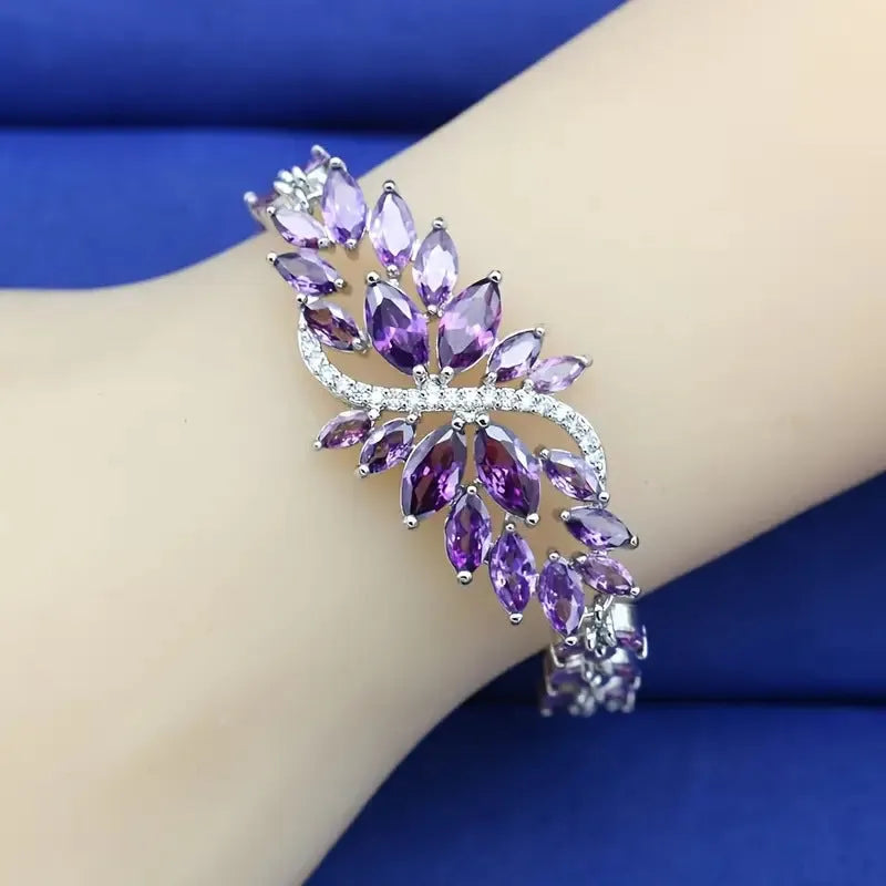 Gold electroplated copper bracelet with micro inlaid colour zircons and ice flowers pattern
