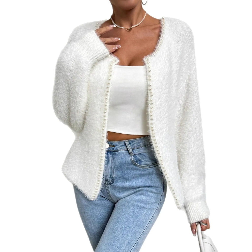 White women's V-neck cardigan with bead knit detailing, 50cm length, medium thickness polyester fabric