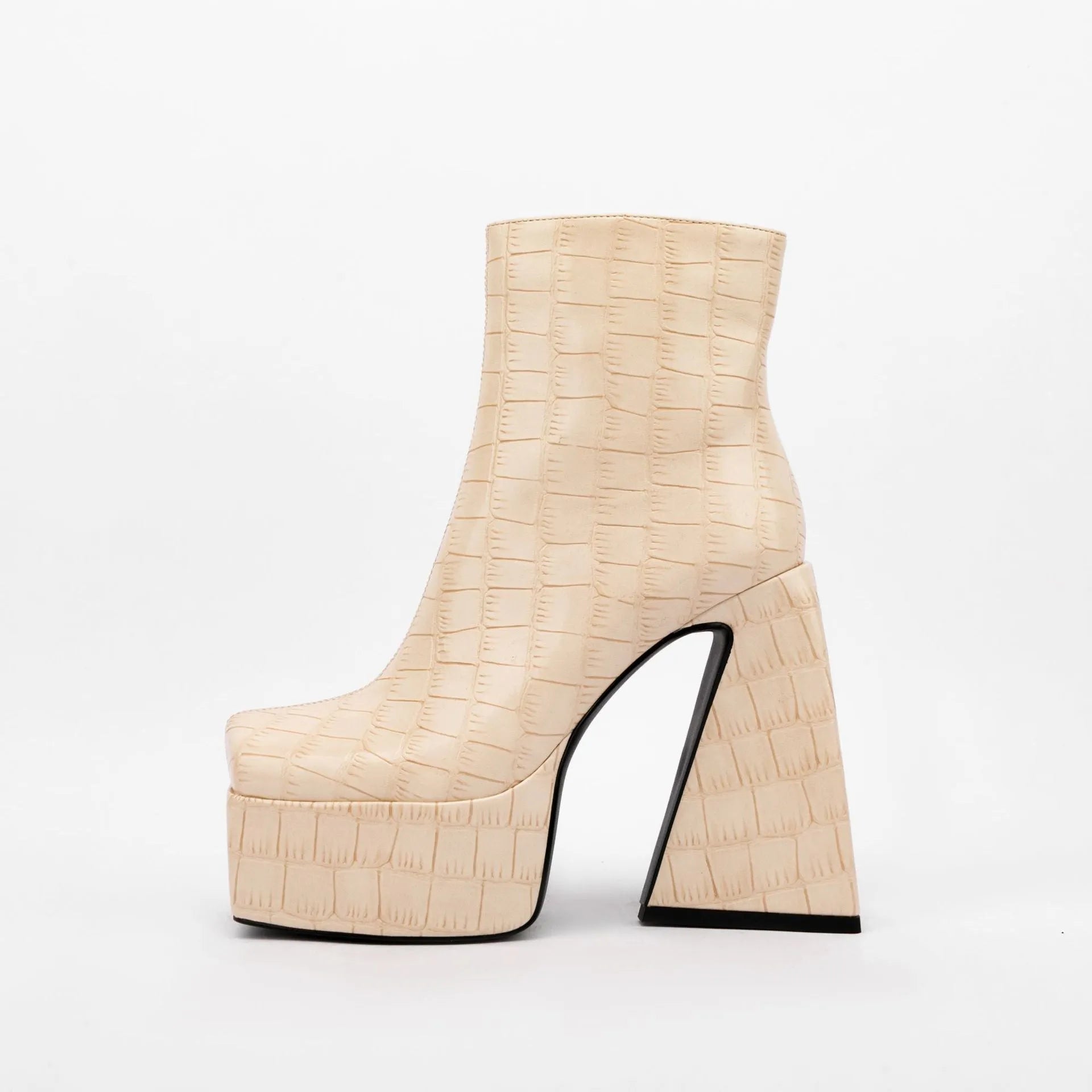Women's ankle boots with 8cm+ heels in red, green, black, beige, or brown colours, artificial PU material