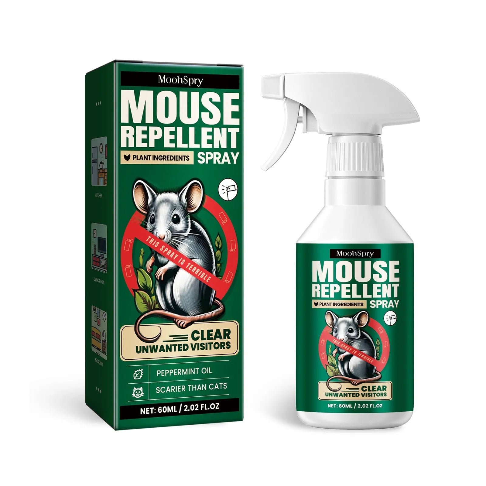 60ml bottle of natural rat repellent spray with essential oils for outdoor, home and car use.