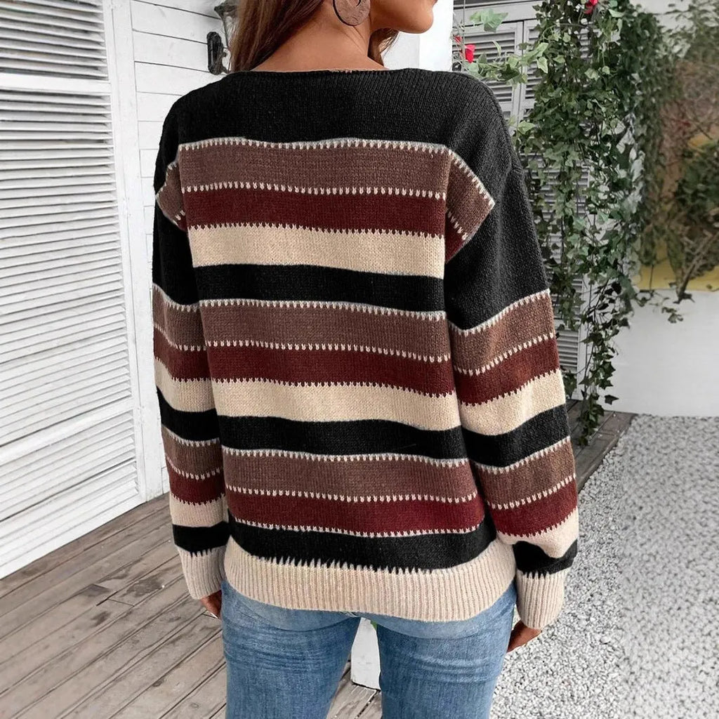 Women's colourblock striped pullover sweater in polyester fabric for autumn winter casual wear