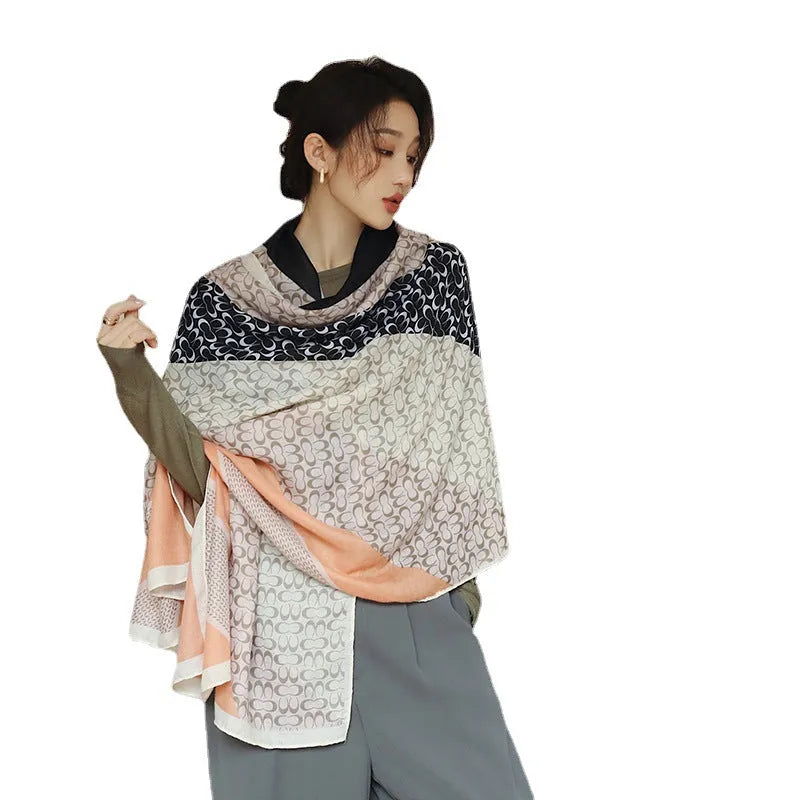 Vintage printed polyester scarf showing 180cm length and 90cm width with autumn-appropriate design