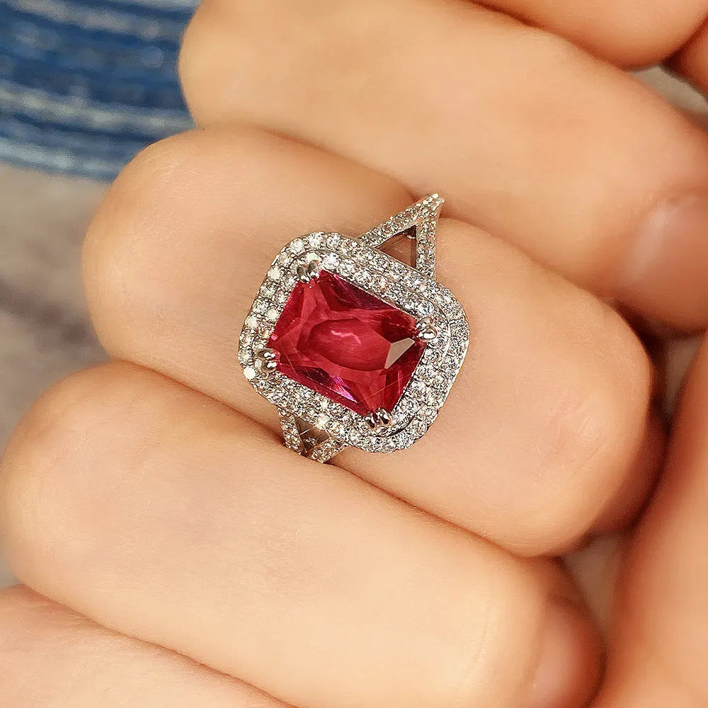 Copper rhinestone square princess ring in F827 red colour, showing geometric design and UK sizes 6-10.