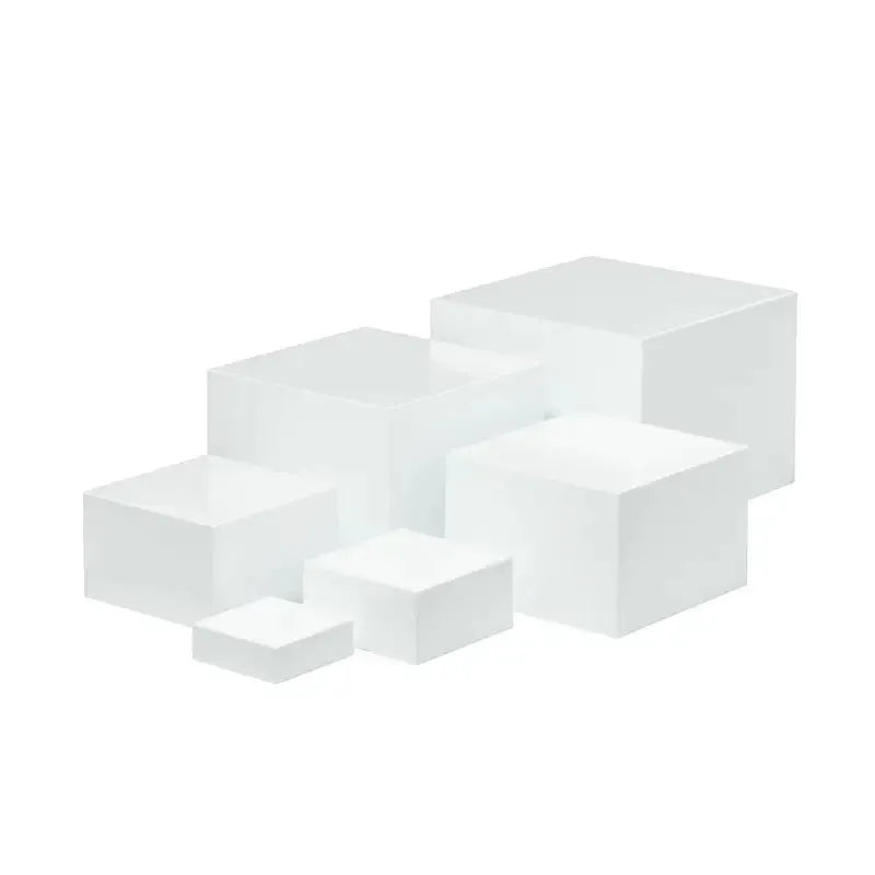 White modular cube dessert display stand with 6 pieces arranged in tiered configuration