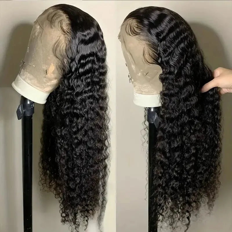Fashion lace wig with small roll wound tube afro curls in black colour, showing side bangs styling and natural hairline