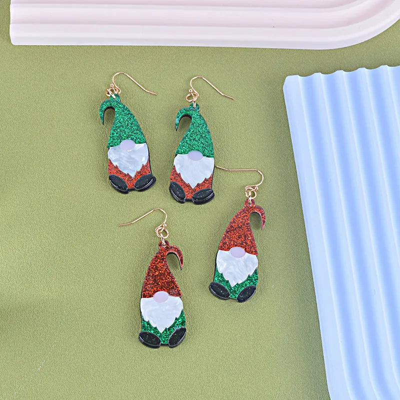 Santa Claus cartoon acrylic fashion earrings in red, green, and red/green colour options.