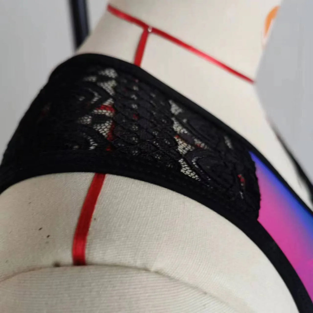 Women's floral print lace bikini swimsuit in blue, green, or navy colours