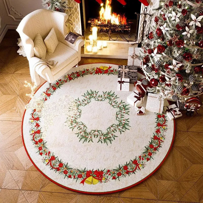 Round Christmas carpet with festive pattern and non-slip backing on wooden floor