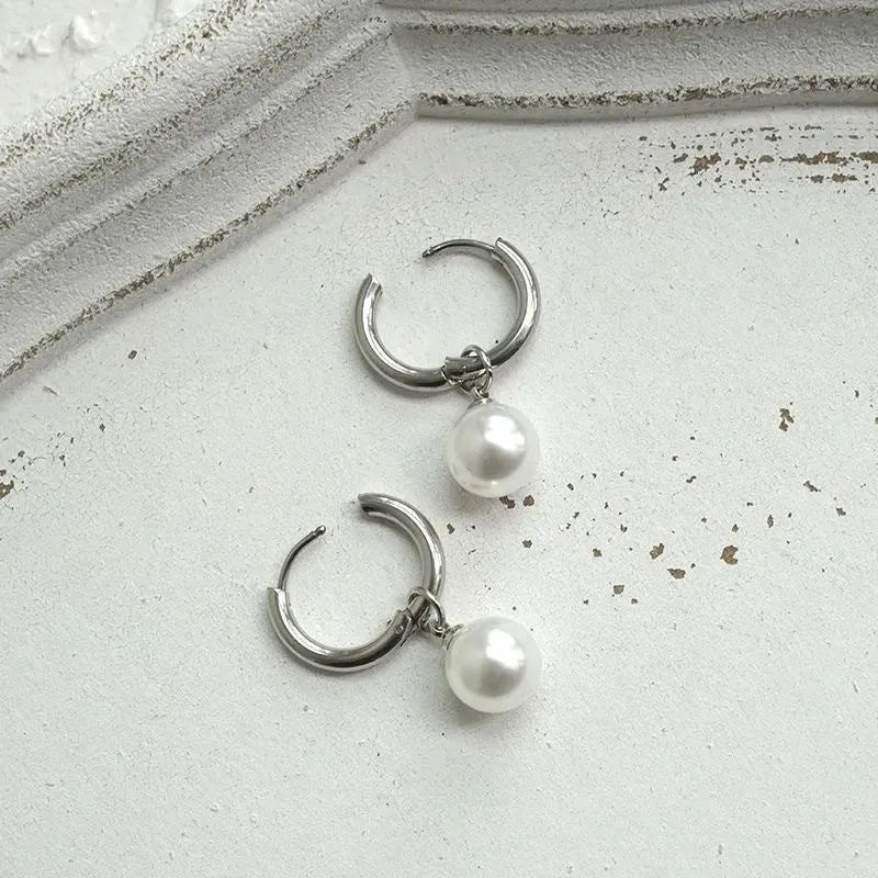 Geometric women's pearl earrings with titanium steel posts and round accents