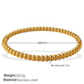 Stainless steel open-end bracelet with a buckle closure and circle design, shown in an electroplated gold colour.