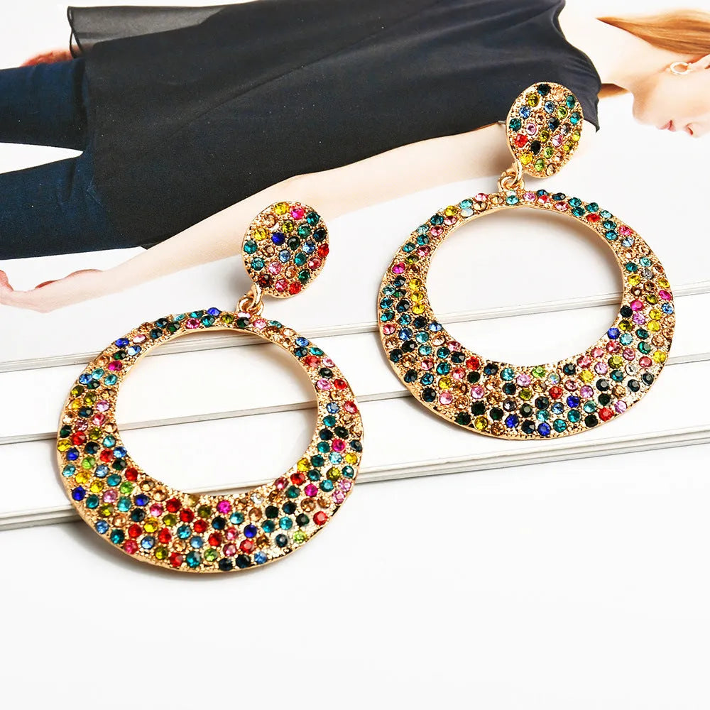 European American fashion metal diamond round colour large pendant earrings with 3-4cm diameter