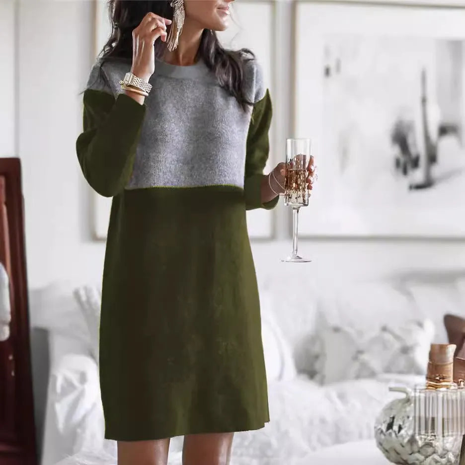 Brown women's loose-fit polar fleece sweater dress with long sleeves, round neck, and decorative collage stitching detail.