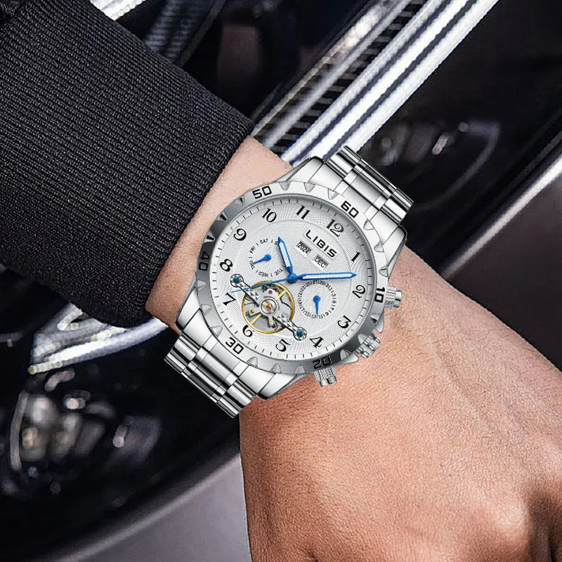 Men's silver automatic perpetual calendar watch with stainless steel strap and sapphire crystal face