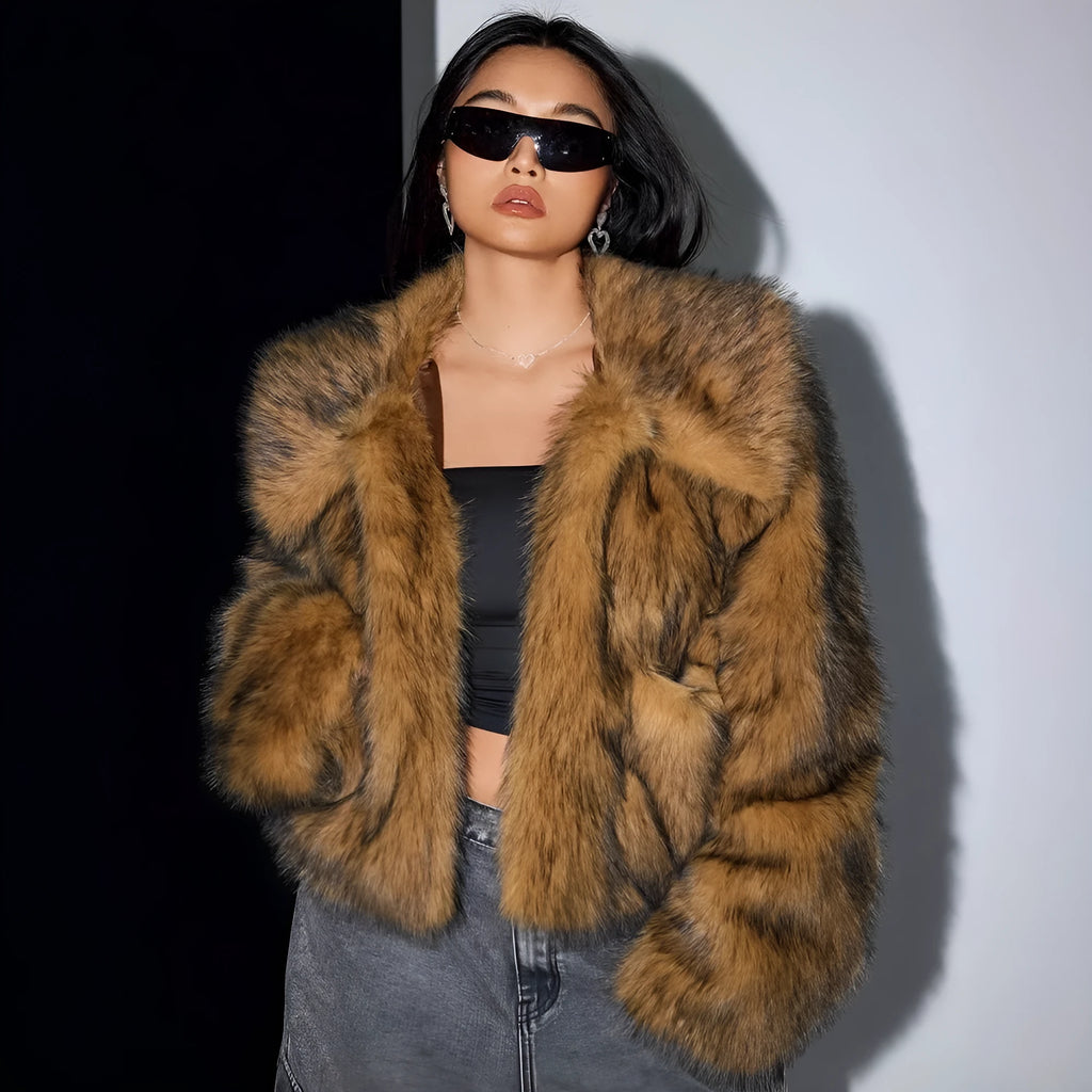 Women's artificial fur coat with thick fabric and fur collar in various colour combinations