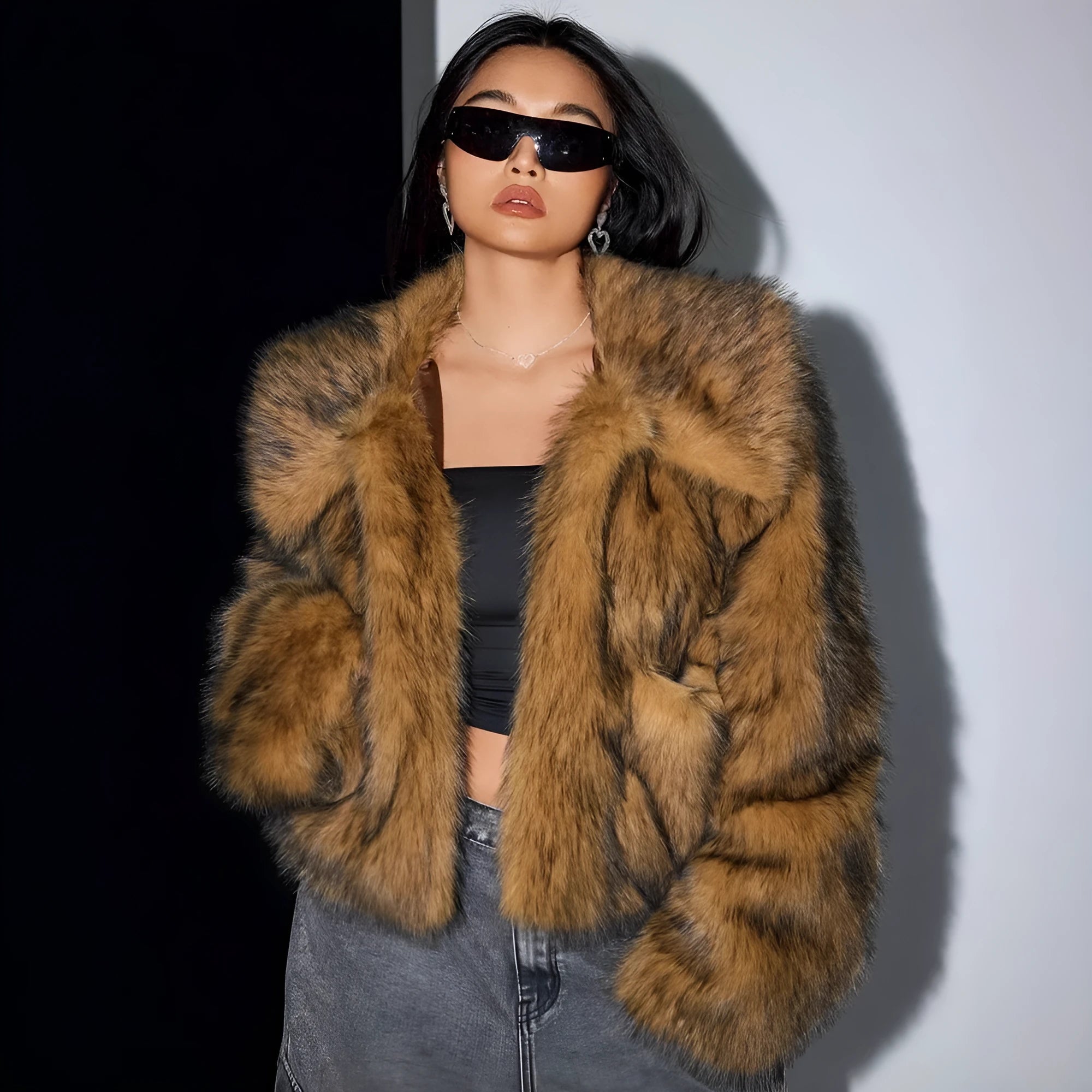 Women's artificial fur coat with thick fabric and fur collar in various colour combinations