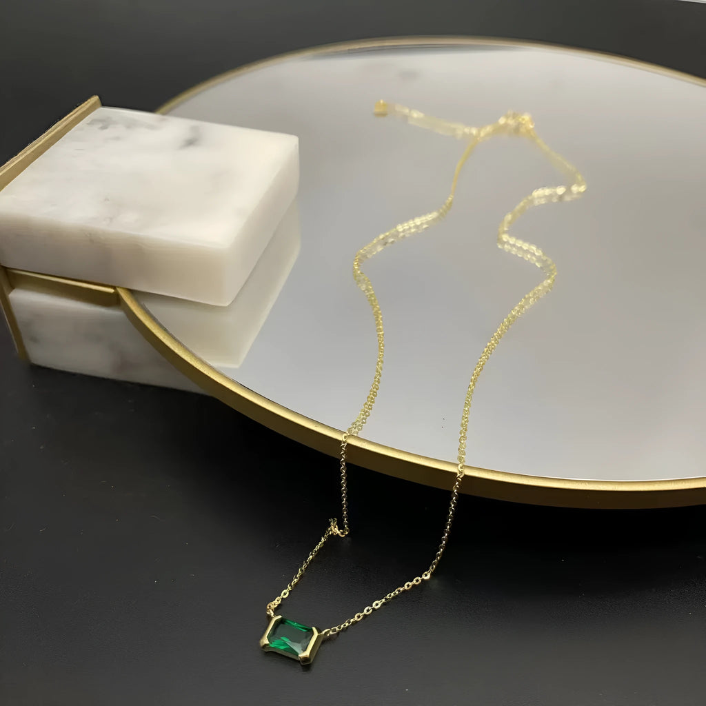 Gold geometric quadrilateral pendant necklace with inlaid Lvzuan detailing on copper base