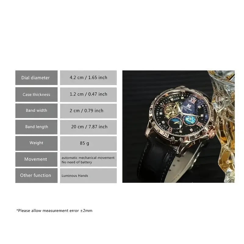 Men's automatic mechanical watch with black dial, rose gold case, and leather strap showing hollow design