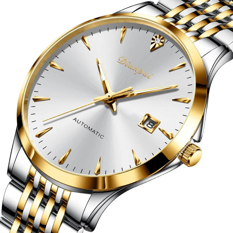 Men's automatic mechanical watch with stainless steel case and strap, simple dial, available in white, black, blue colours