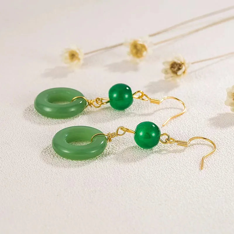 Green jade design cheongsam peace buckle earrings with geometric shape and zinc alloy construction