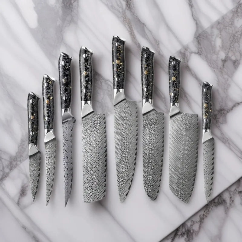 67-layer Damascus steel kitchen knife set with fishbone pattern, showing 8 knives including fruit, steak, and boning knives