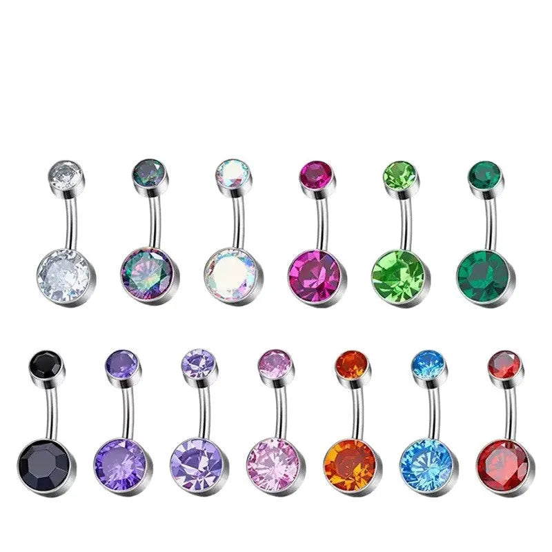 Titanium alloy double-headed navel stud with zircon accents in various colours and lengths.