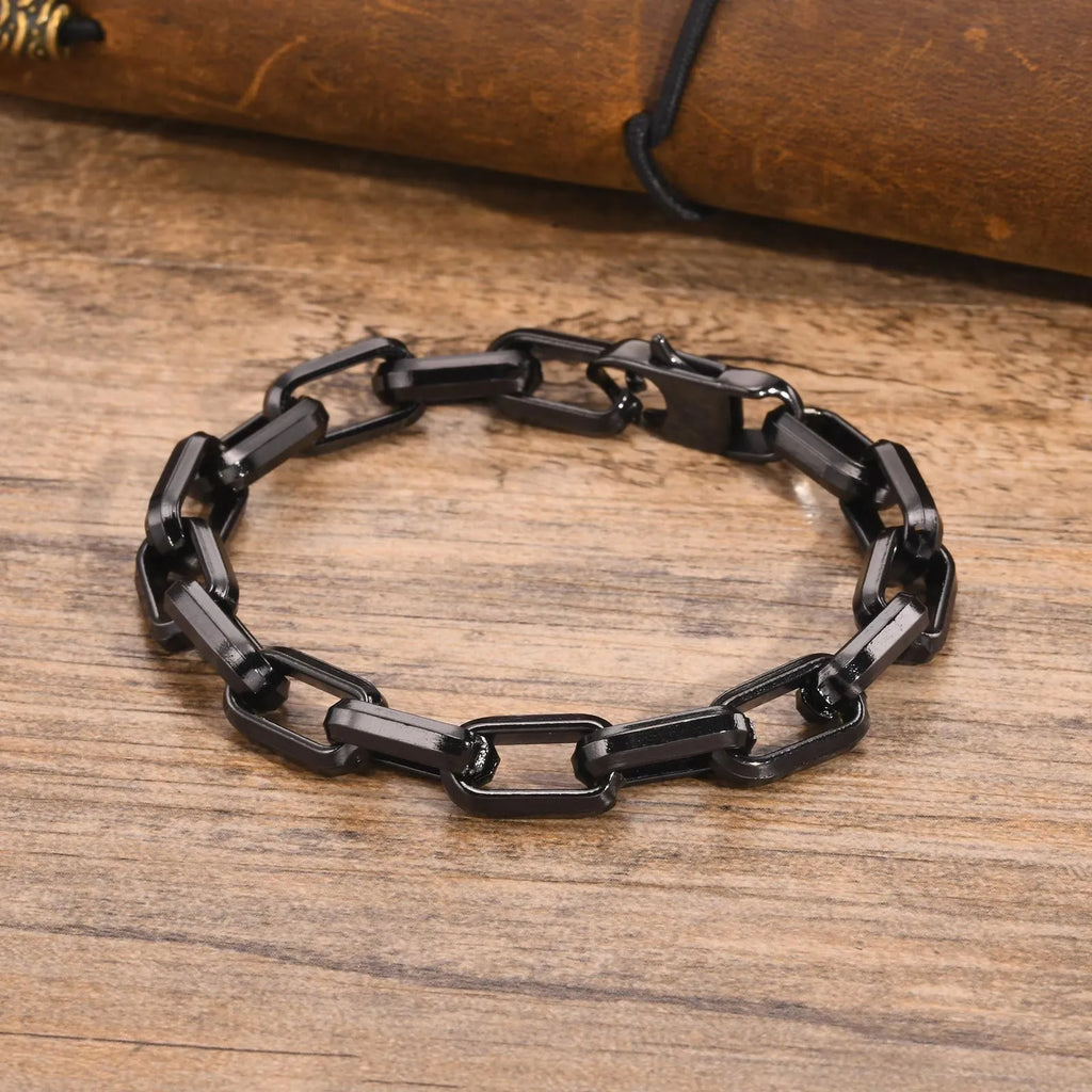 Stainless steel men's bracelet with square chain design in electroplated steel, gold, black, or retro colour