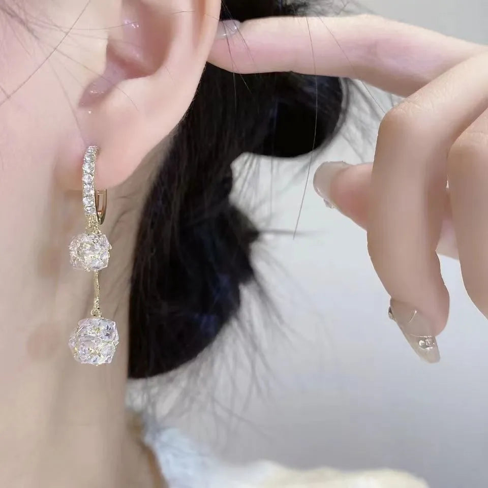 Silver confession balloon double pendant rhinestone ball tassel earrings with ear clip fastening