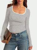 Women's square collar pullover in slim fit with 40cm length, available in light grey, wine red, pink, navy blue, and black colours