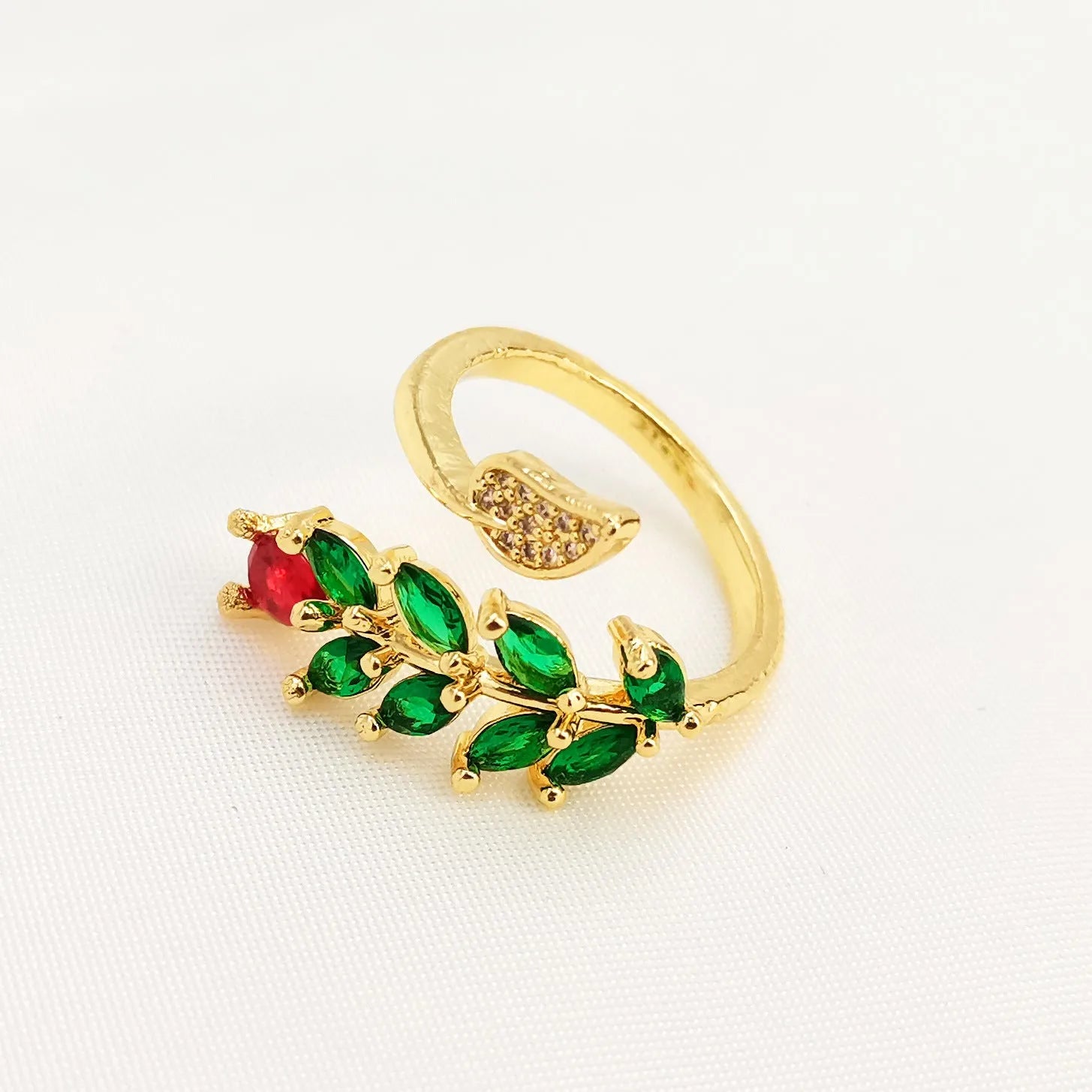 Copper gold open ring with geometric leaf design and zircon micro-inlay details