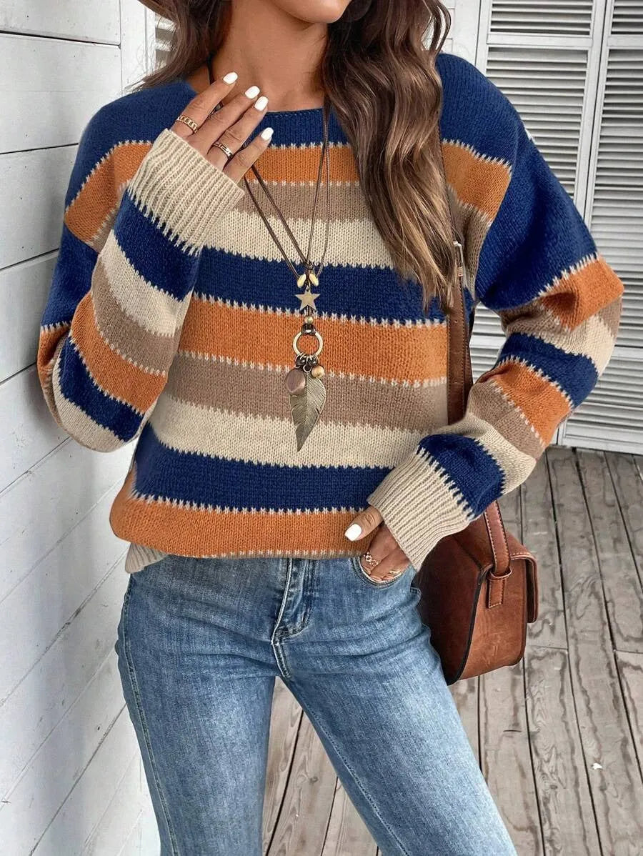 Women's colourblock striped pullover sweater in polyester fabric for autumn winter casual wear