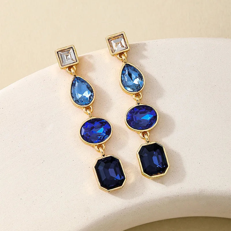 Geometric water drop ear studs in alloy with rhinestone detail, women's pierced earrings, 1 pair