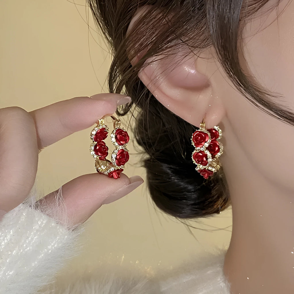 Red floral alloy clip-on earrings with rose detail for women