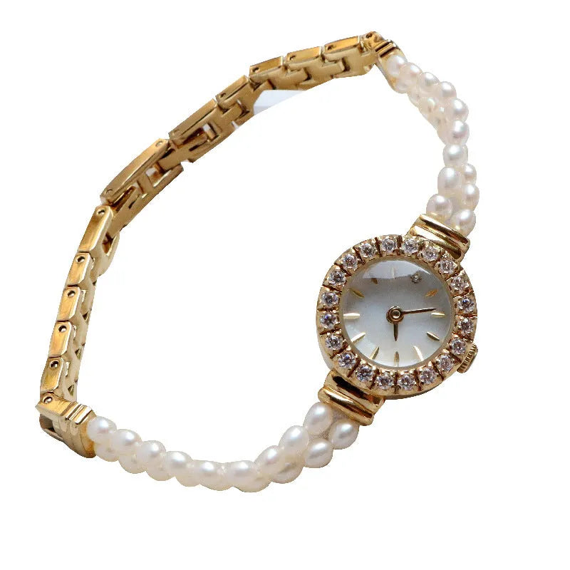 Women's light gold bracelet watch with freshwater pearls, 18mm round dial, stainless steel strap