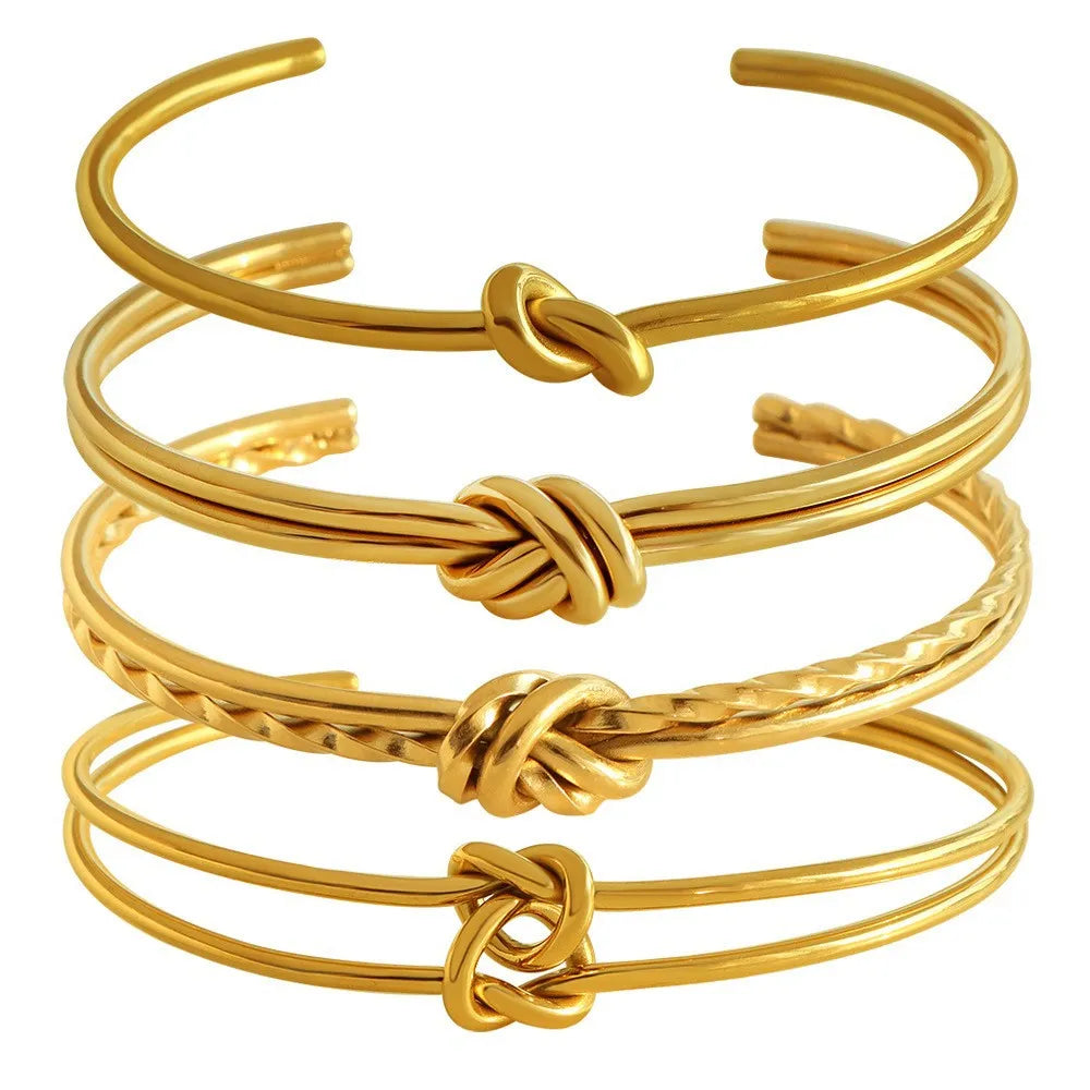 Women's adjustable C-shaped double-layer bracelet with knotted texture in gold plating
