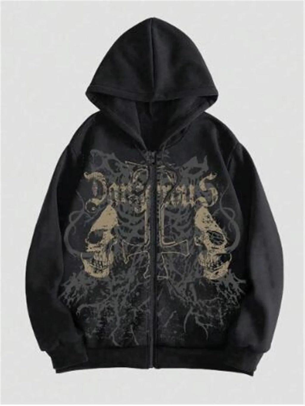 Black hooded sweatshirt with a detailed skull print on the chest, featuring long sleeves and a pullover design.