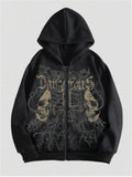 Black hooded sweatshirt with a detailed skull print on the chest, featuring long sleeves and a pullover design.
