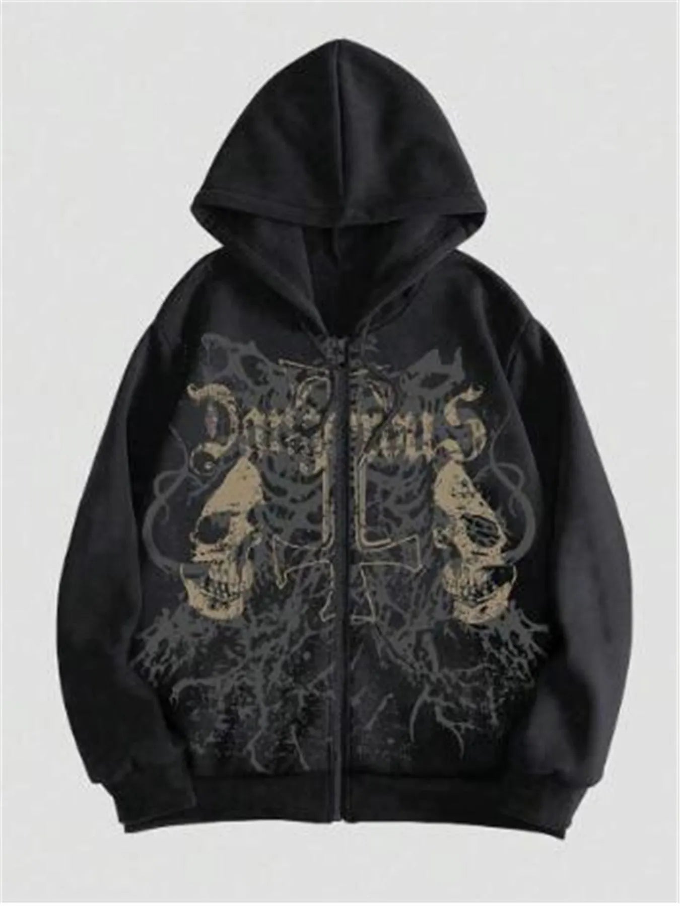 Black hooded sweatshirt with a detailed skull print on the chest, featuring long sleeves and a pullover design.