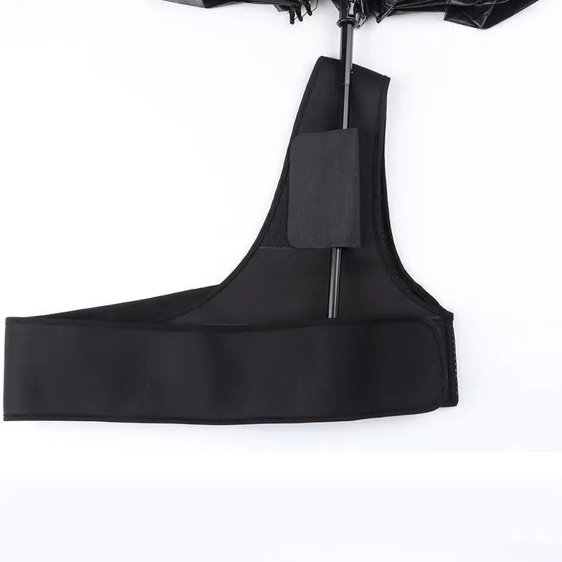 Black portable umbrella holder with shoulder strap, adjustable for 45-95kg users, holding a 10-bone manual umbrella.