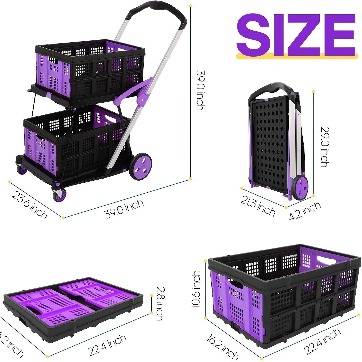 Personality foldable shopping cart in blue with two layers, showing compact folded size