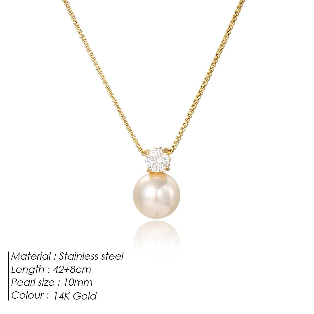 St Delan stainless steel necklace with imitation pearl and zircon pendant in gold and steel colour options