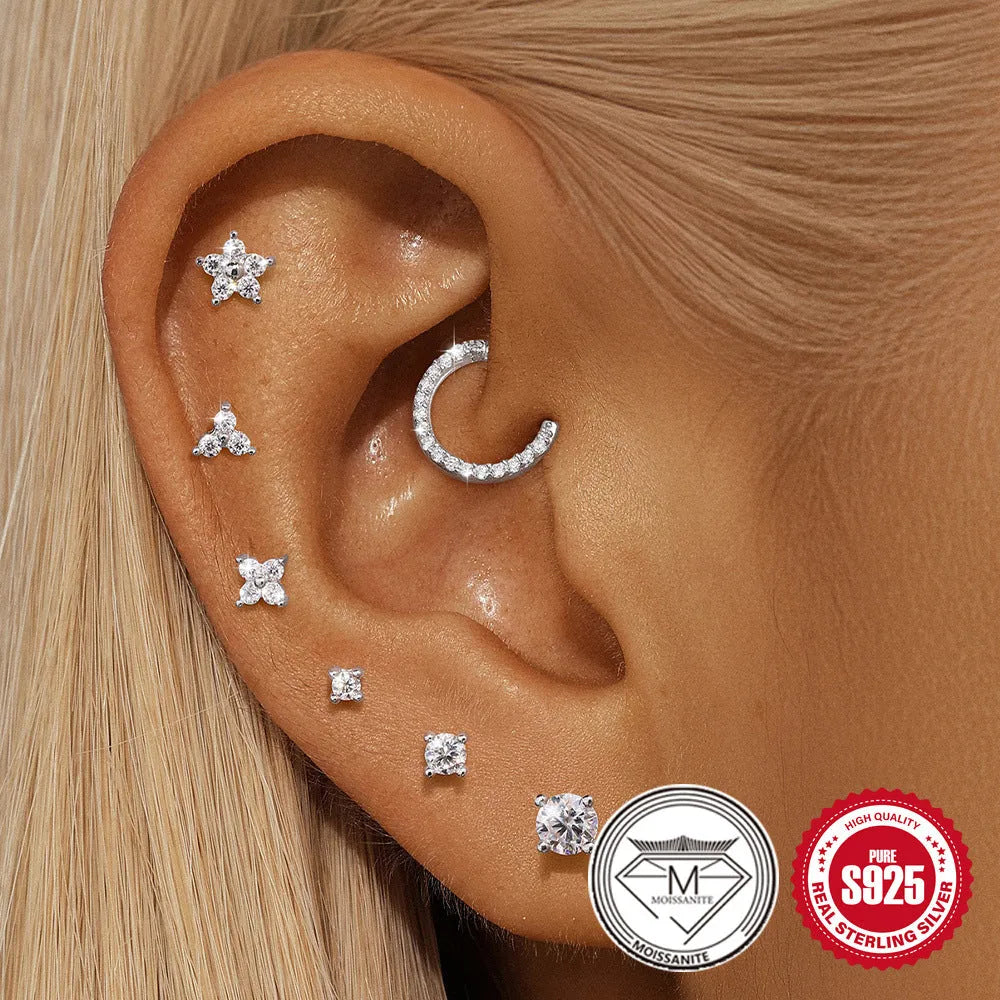 Platinum colour geometric petal stud earrings in sterling silver with ear clip back