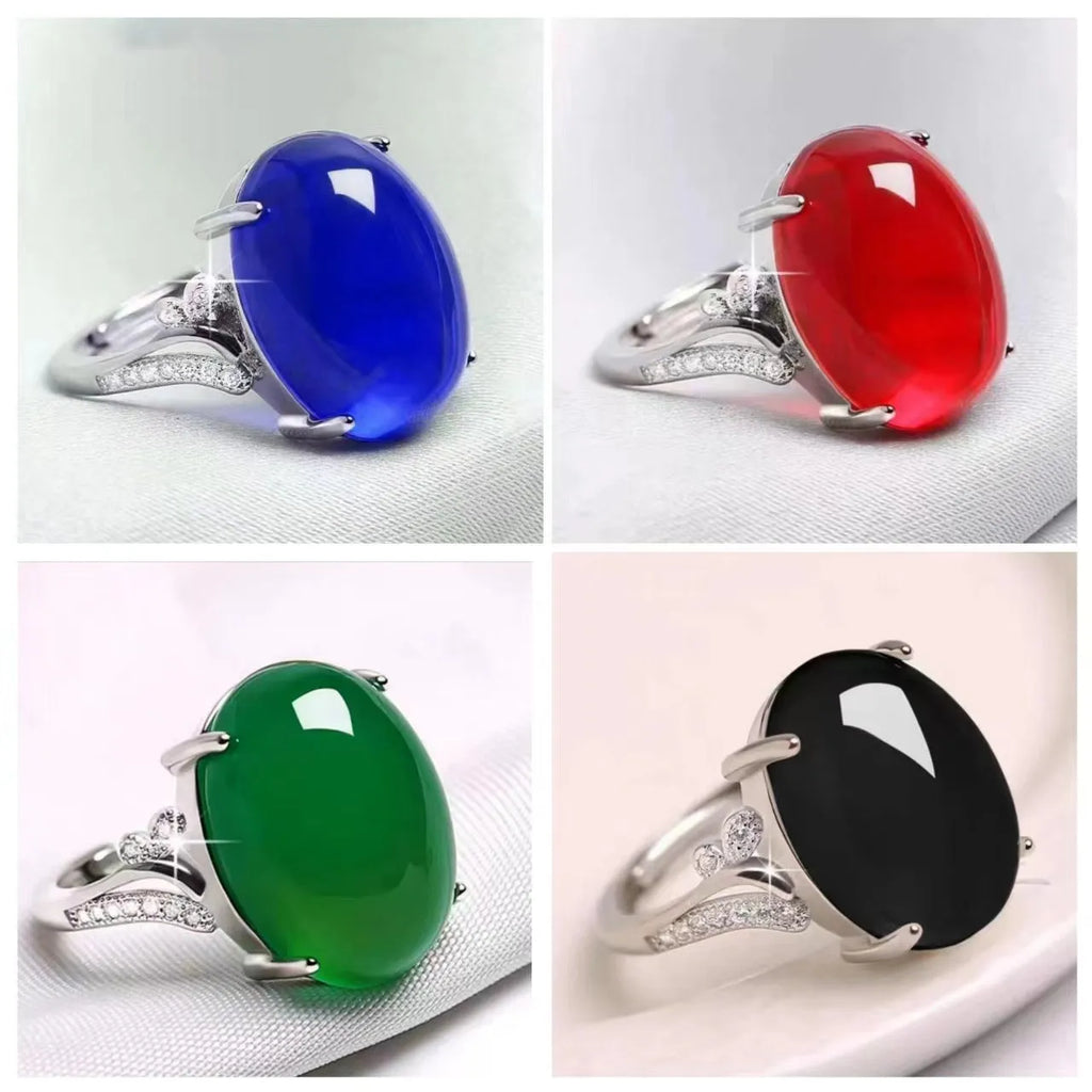 Adjustable natural sapphire ring in geometric ethnic style, available in black, blue, green, red, and yellow colours