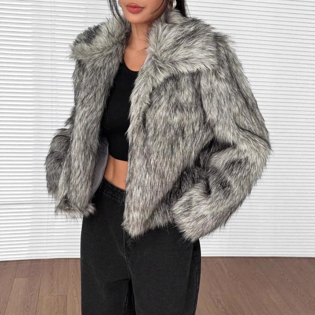 Women's artificial fur coat with thick fabric and fur collar in various colour combinations
