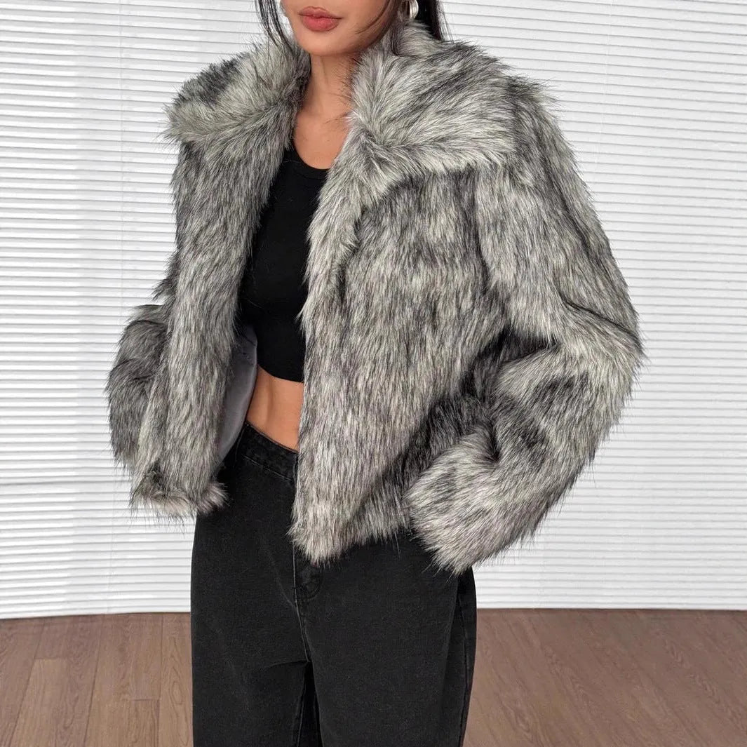 Women's artificial fur coat with thick fabric and fur collar in various colour combinations